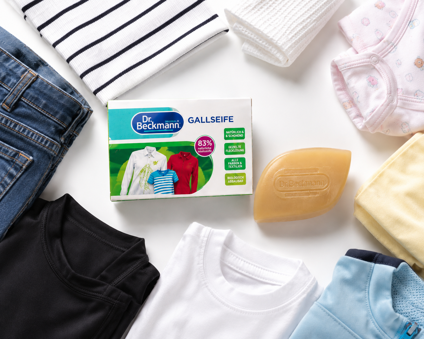 Dr. Beckmann Gallseep geschikt voor alle stoffen en kleuren met kleding flatlay compositie