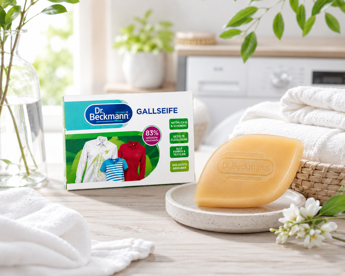 Dr. Beckmann Gallseep 100g eco wasruimte lifestyle afbeelding met natuurlijke vlekverwijderende zeep