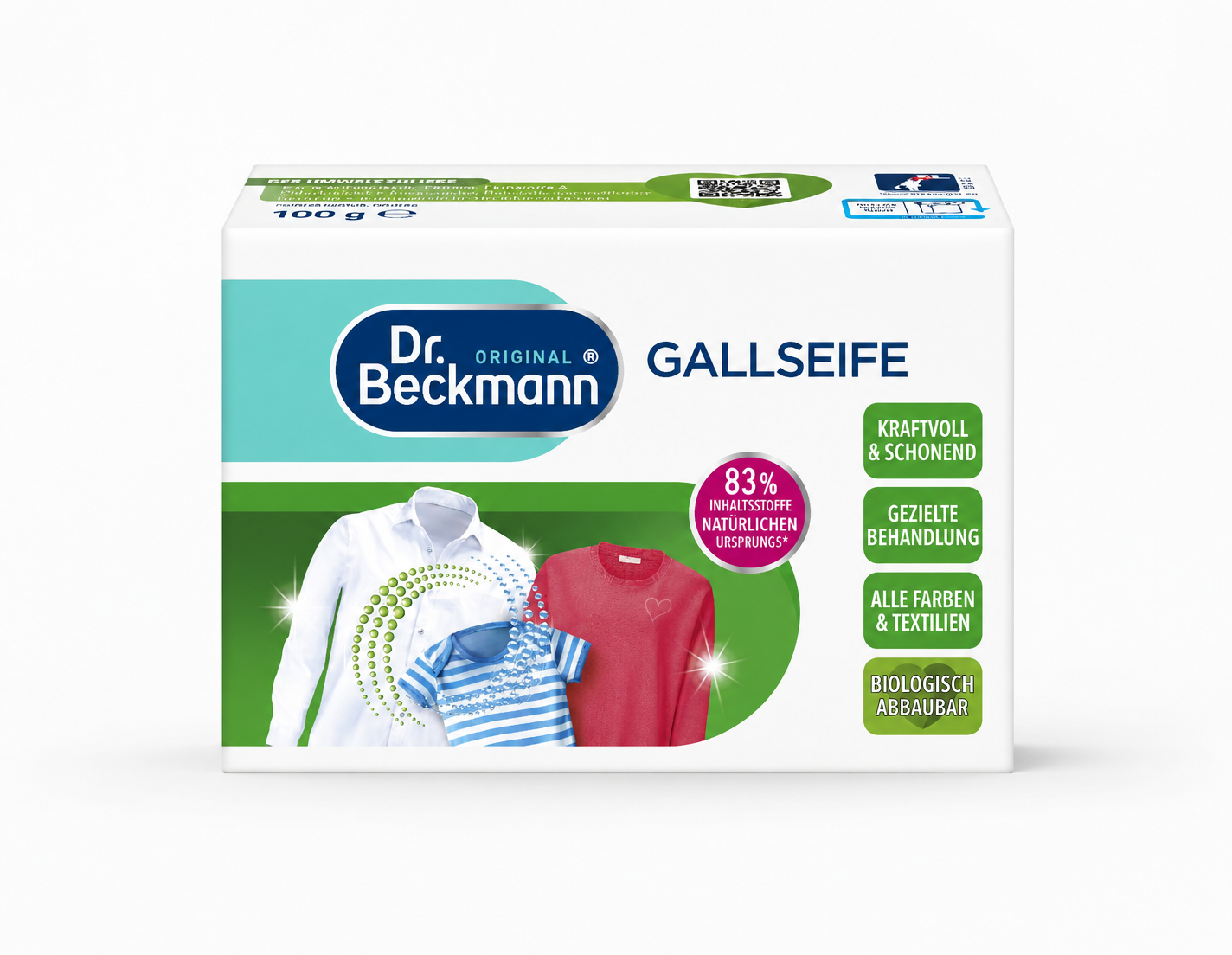 Dr. Beckmann Gallseep 100g natuurlijke vlekverwijderaar voor kleding en textiel op witte achtergrond