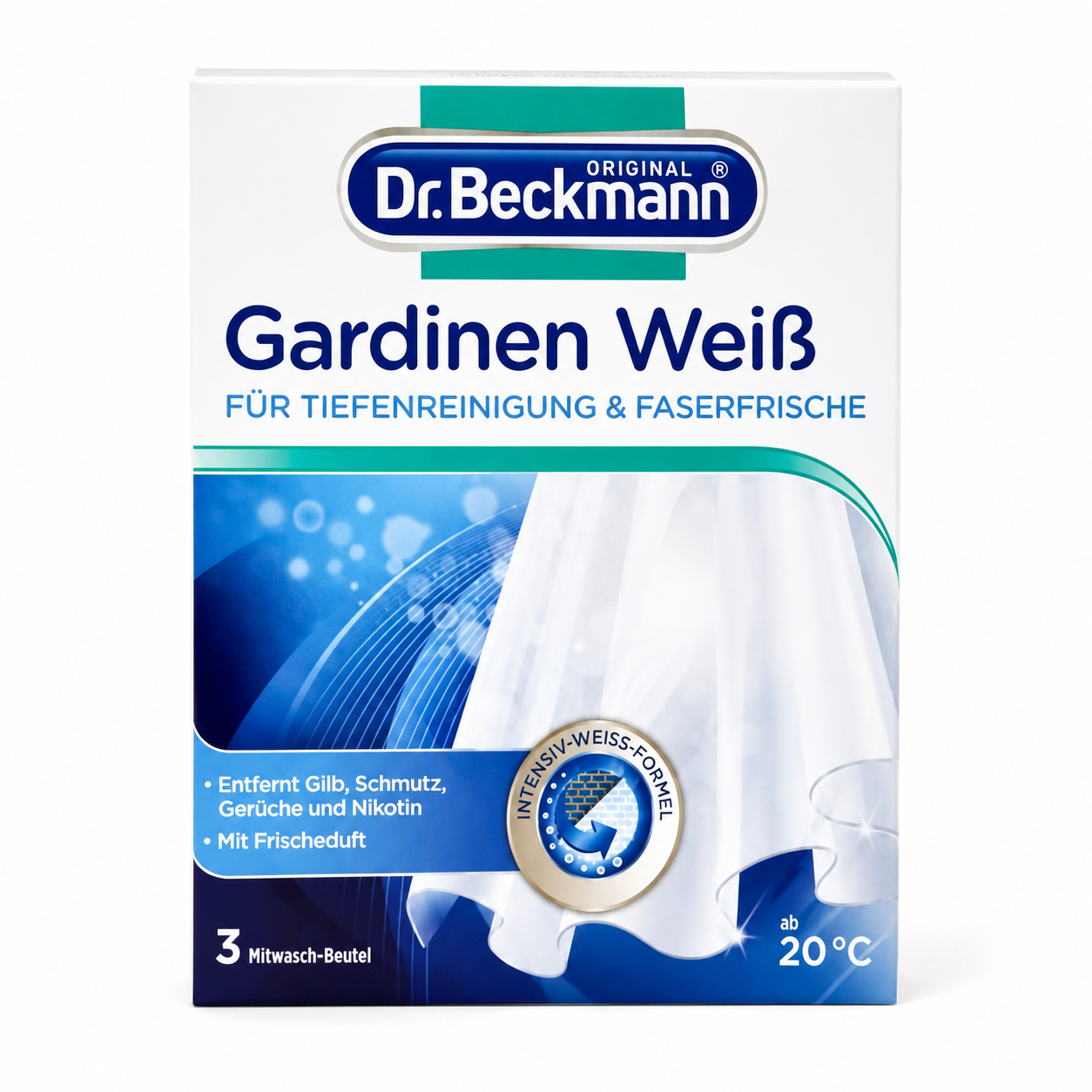 Dr. Beckmann Gordijnen Wit Reiniger 3 x 40g verpakking voor witte gordijnen tegen vergeling, geur en grauwe aanslag