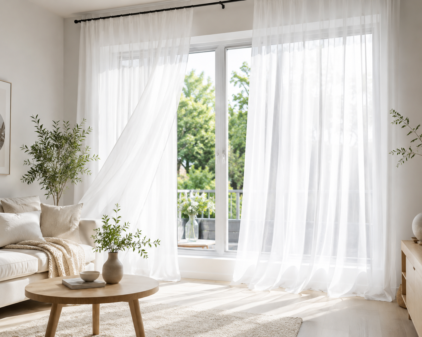 Moderne woonkamer met frisse witte gordijnen gereinigd met Dr. Beckmann Gordijnen Wit Reiniger