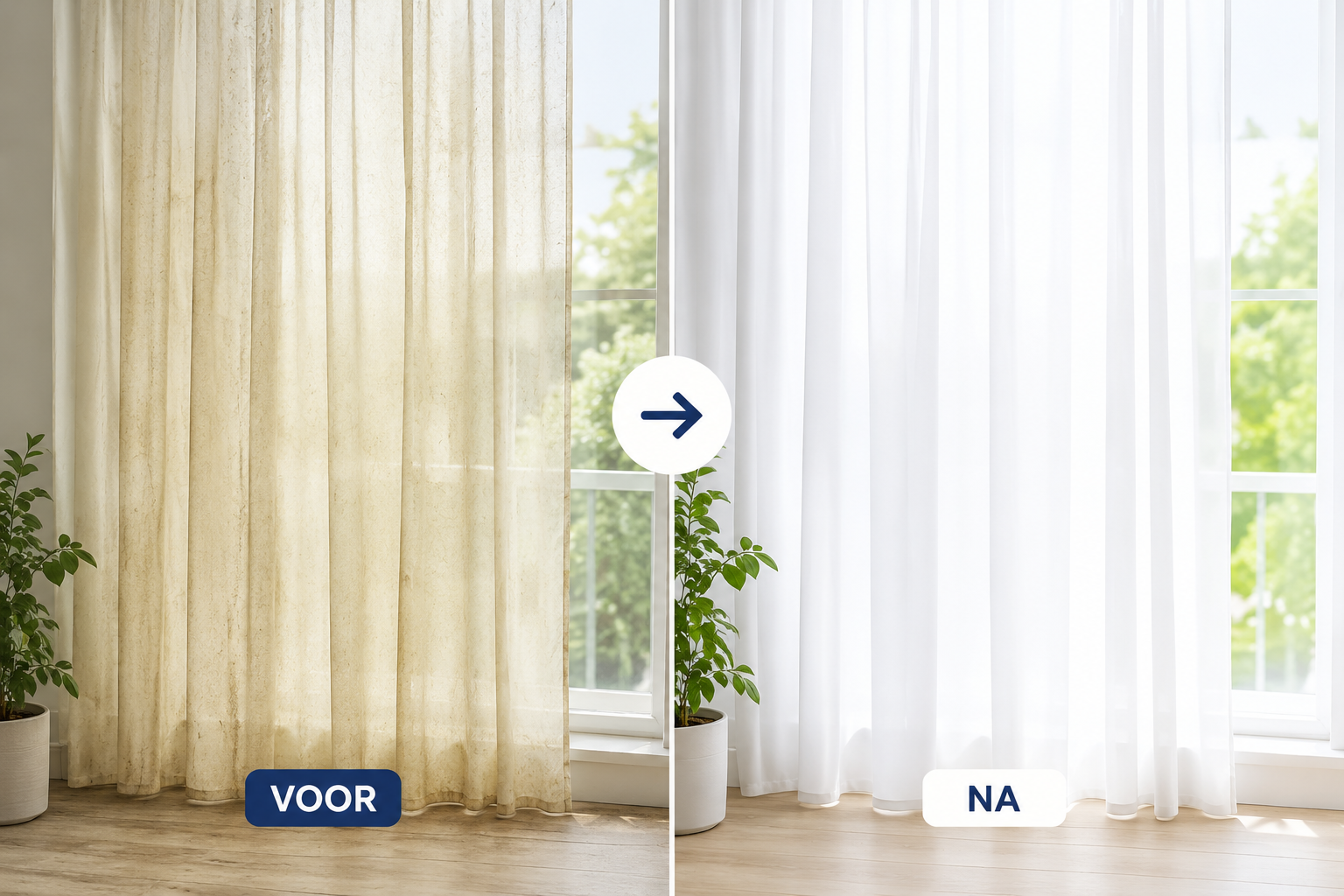 Voor en na vergelijking van vergeelde en frisse witte gordijnen na gebruik van Dr. Beckmann Gordijnen Wit Reiniger