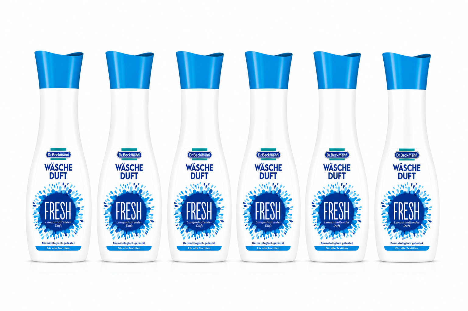 6 flessen Dr. Beckmann Wasparfum Fresh 250ML op witte achtergrond