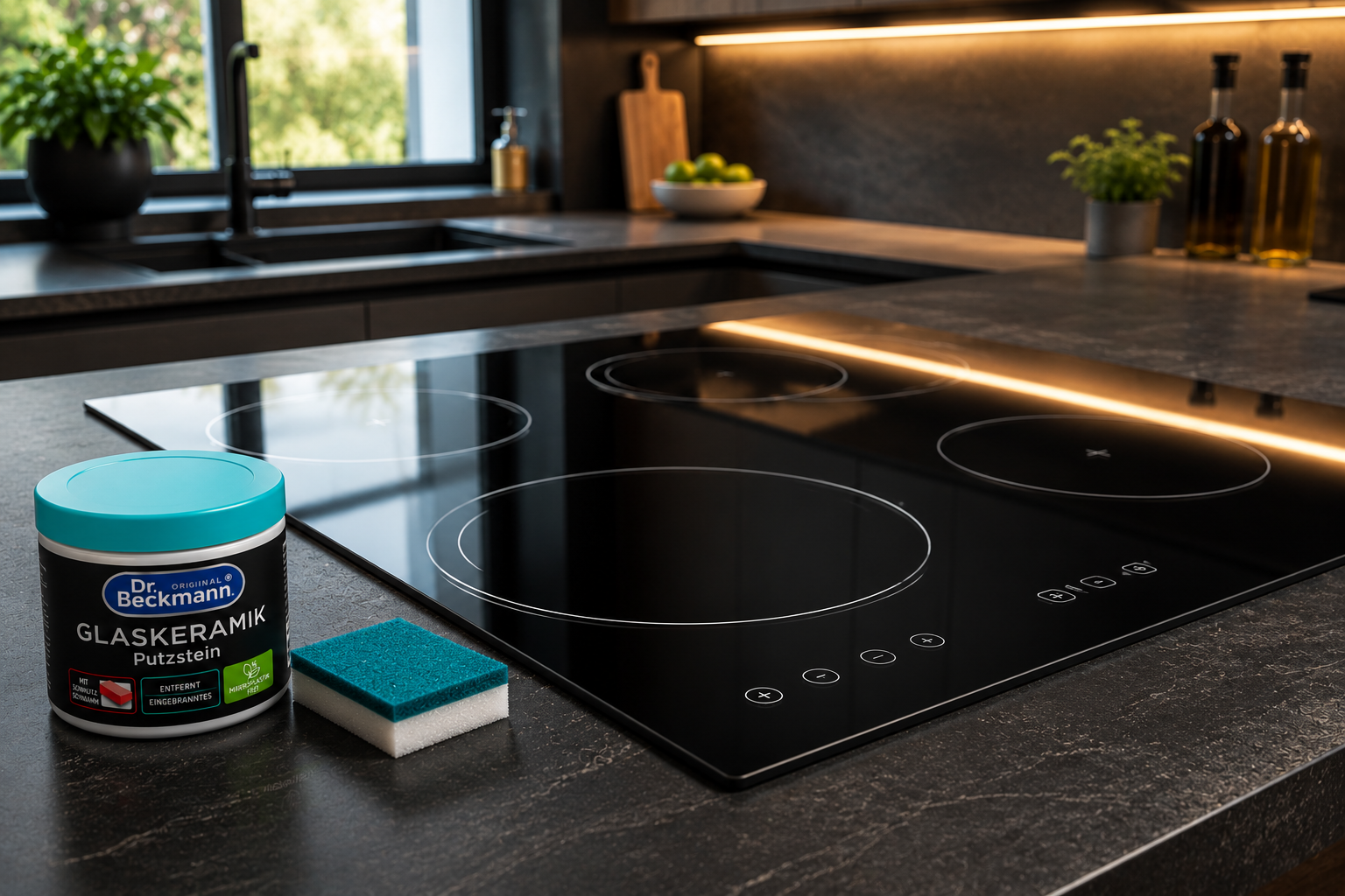 Perfect schone zwarte inductiekookplaat met spiegelglans gereinigd met Dr. Beckmann glaskeramiek poetssteen in moderne luxe keuken