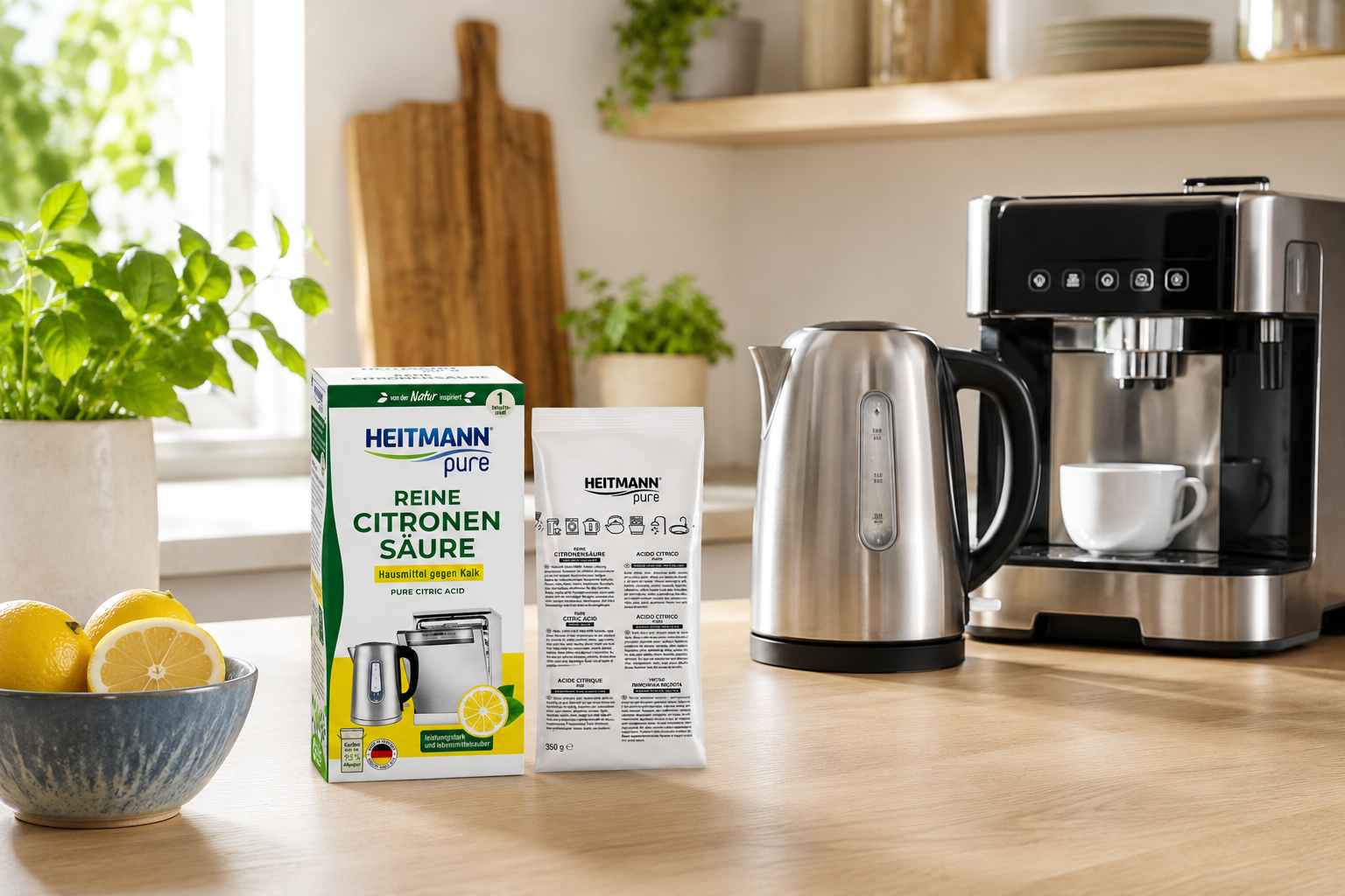 HEITMANN Pure Citroenzuur keuken lifestyle afbeelding natuurlijke ontkalker naast koffiemachine en waterkoker