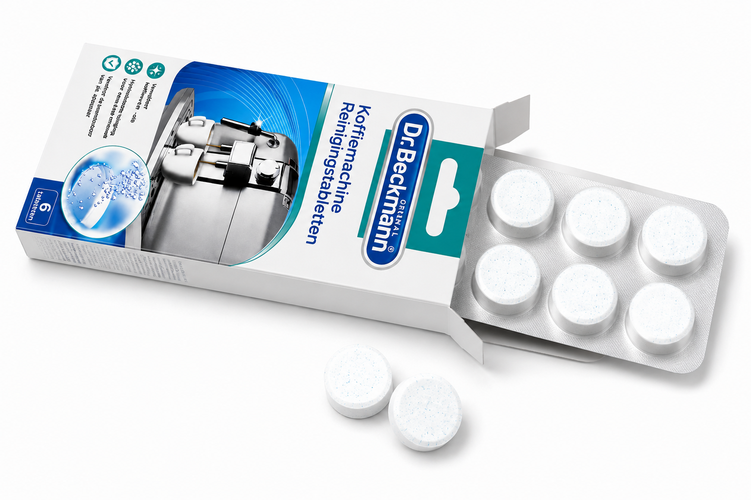 Inhoud verpakking Dr. Beckmann Koffiemachine Reinigingstabletten met blister en tabletten