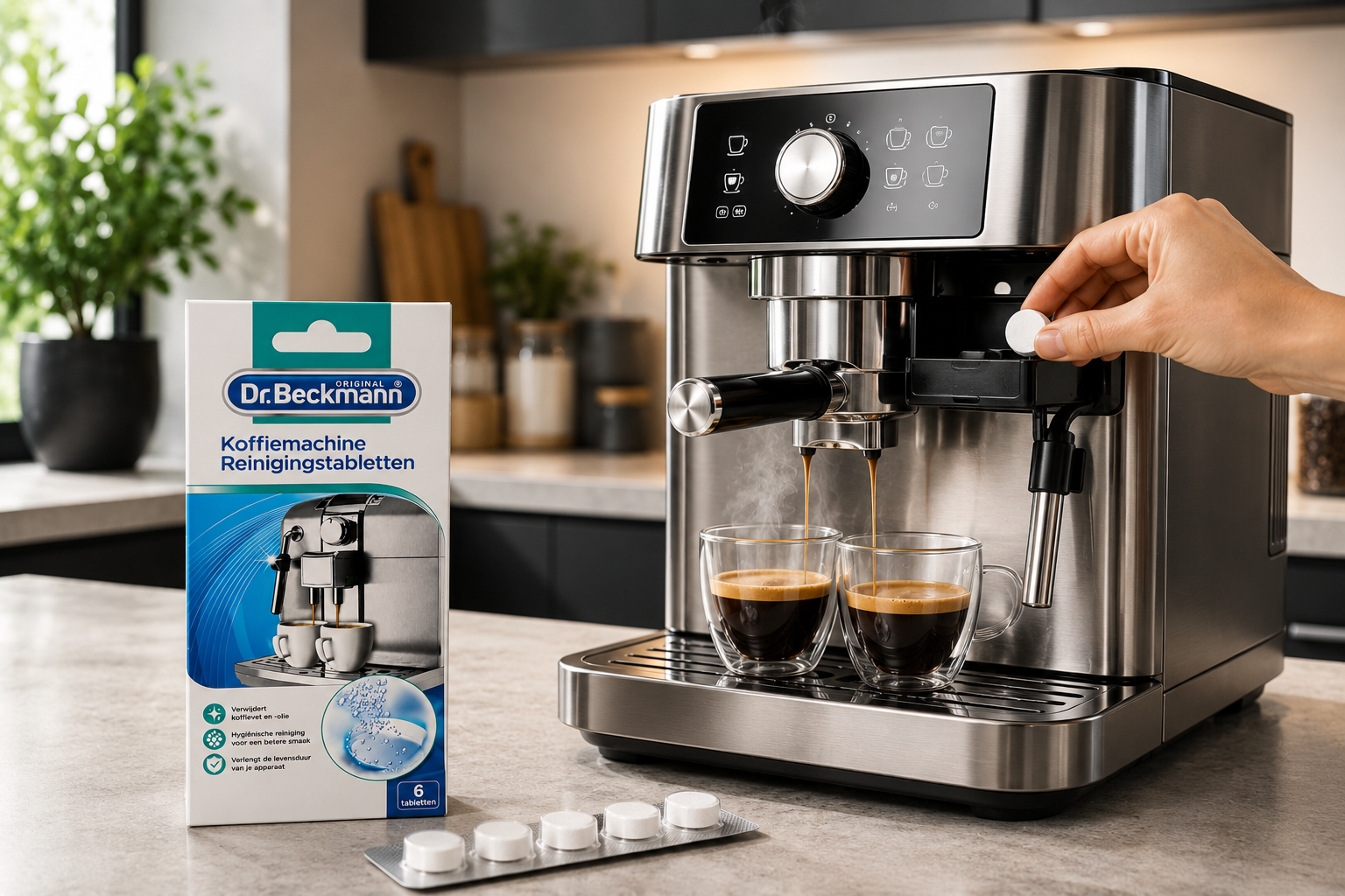 Dr. Beckmann Koffiemachine Reinigingstabletten gebruikt in moderne koffiemachine