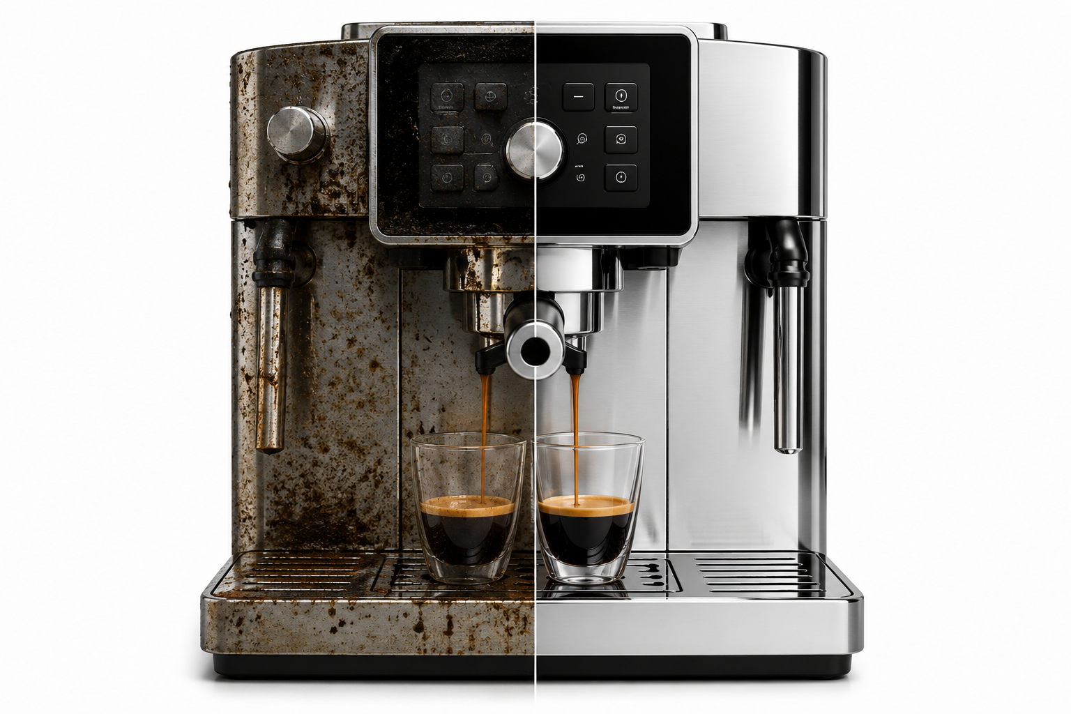 Voor en na reiniging met Dr. Beckmann Koffiemachine Reinigingstabletten