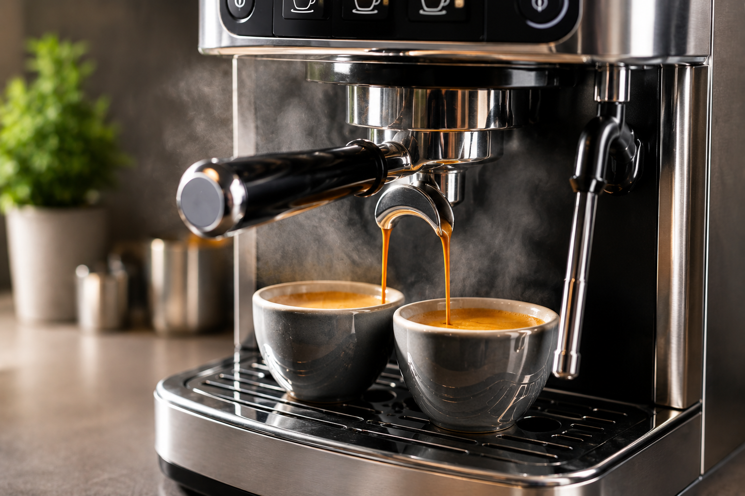 Verse espresso uit een schone koffiemachine na reiniging