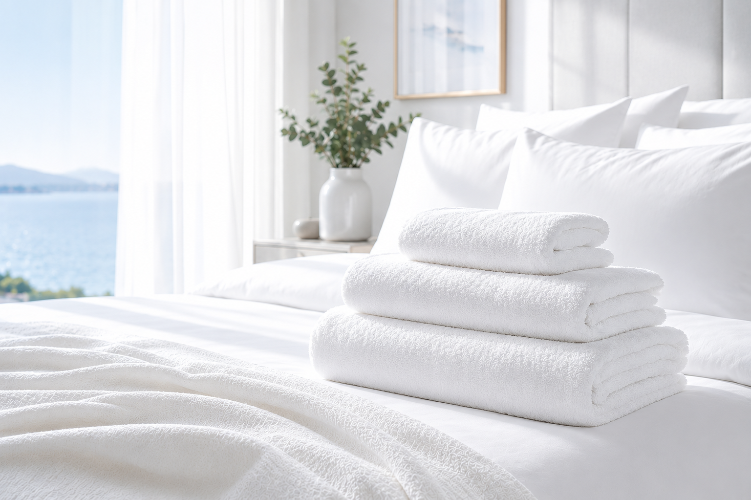 Witte handdoeken op luxe hotelbeddengoed in een frisse slaapkamer