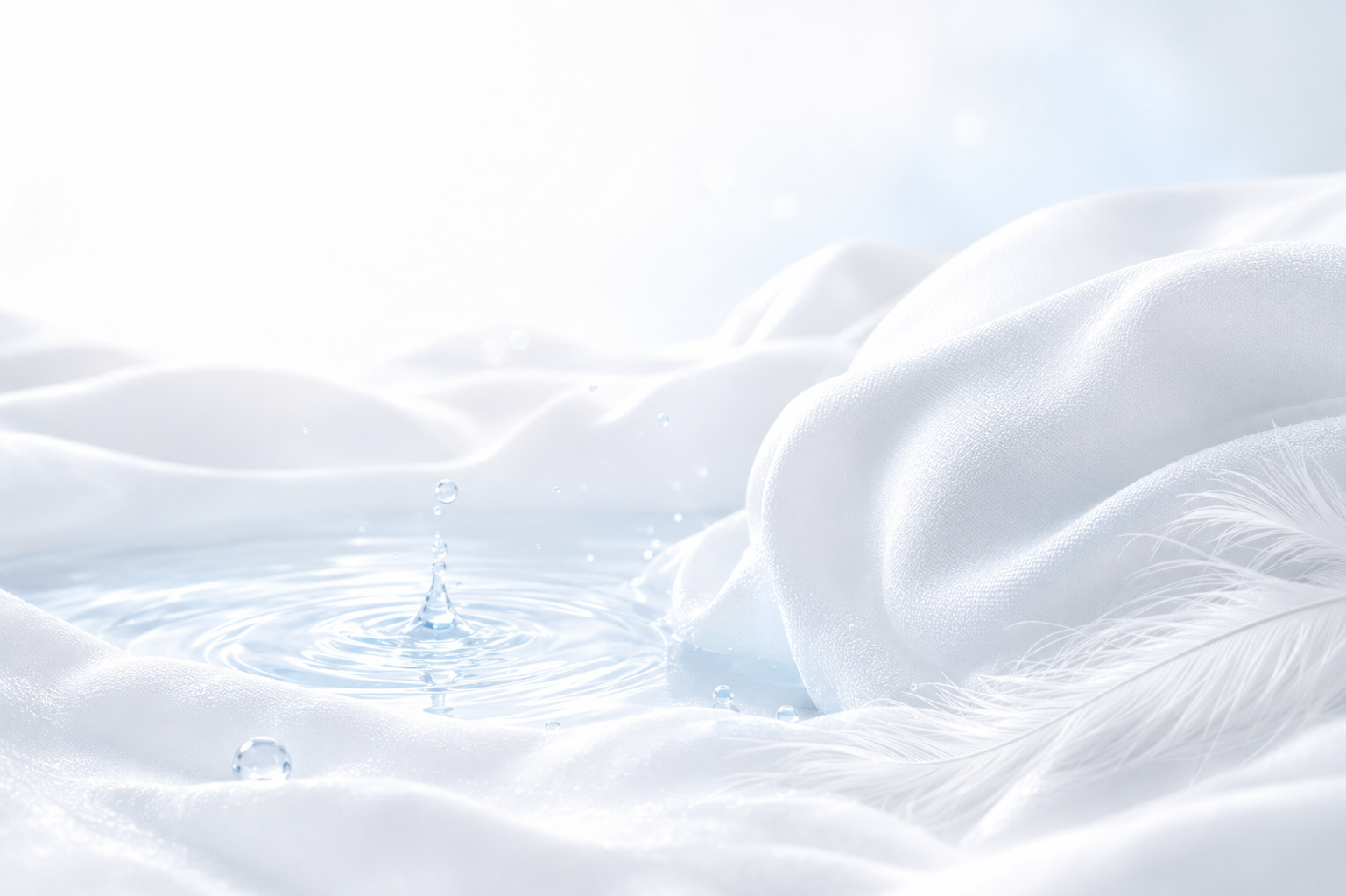 Zachte witte stof met waterdruppels en premium textielverzorging