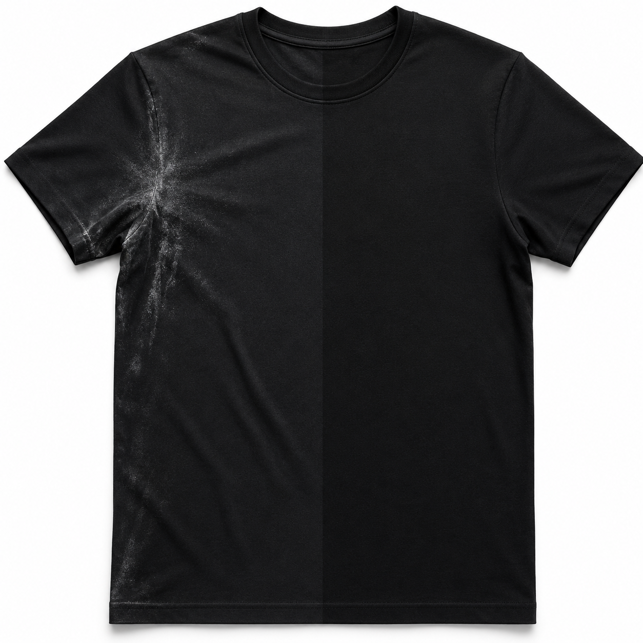 Voor en na resultaat van deodorantresten verwijderen uit zwart T-shirt met Dr. Beckmann Deo & Zweetvlekken Verwijderaar