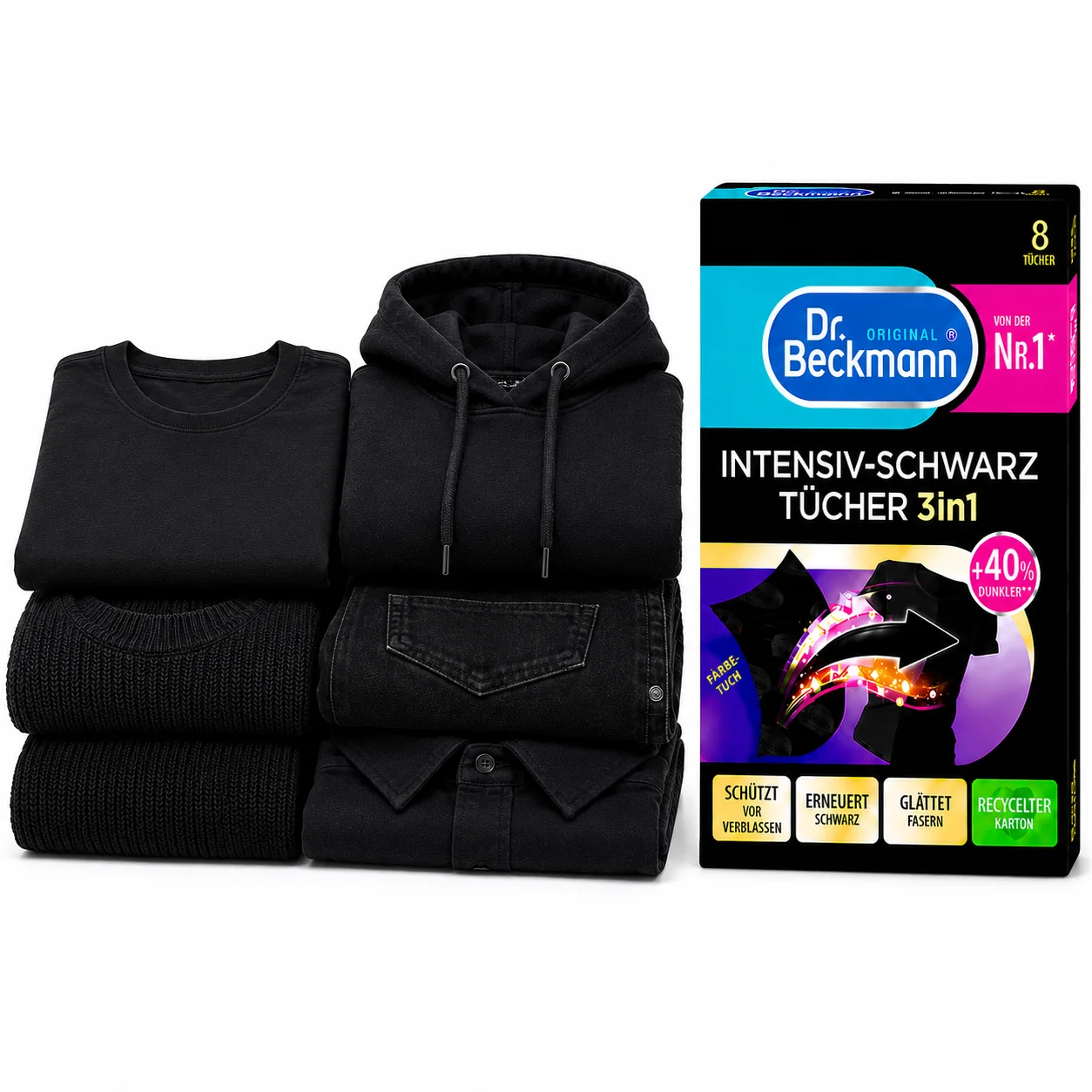 Dr. Beckmann Zwarte Kleding Wasdoekjes naast zwarte kleding zoals trui, hoodie, spijkerbroek en overhemd voor langdurig kleurbehoud