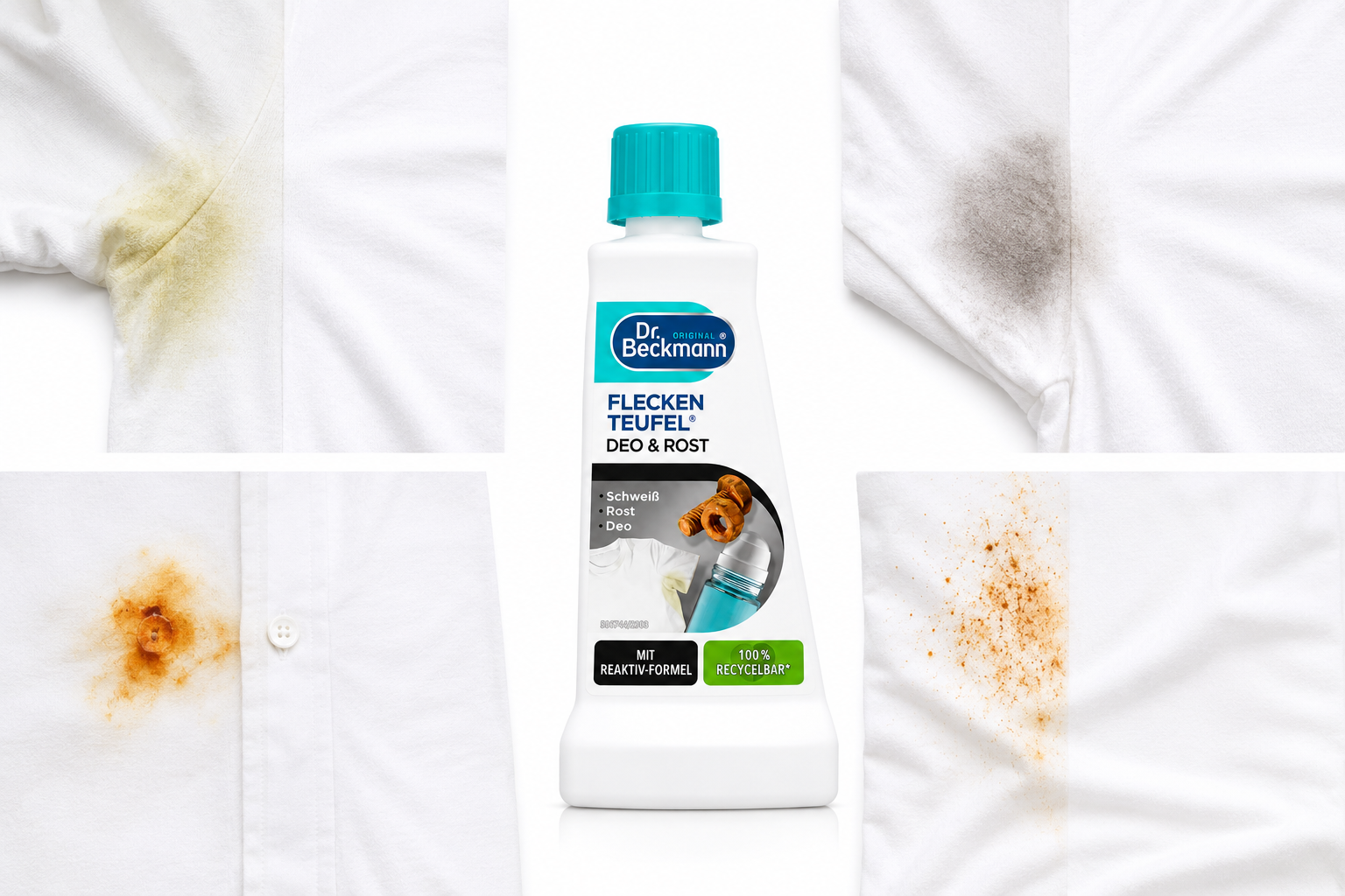 Dr. Beckmann vlekverwijderaar voor deodorantvlekken, zweetvlekken en roestvlekken op witte kleding en textiel