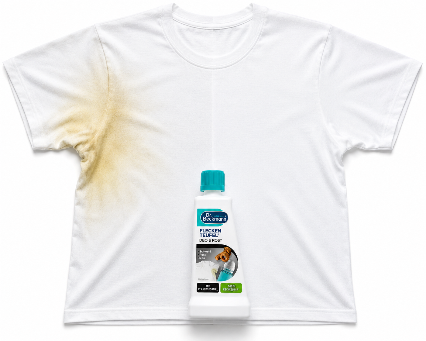 Voor en na resultaat van deodorant- en zweetvlekken verwijderen met Dr. Beckmann vlekverwijderaar