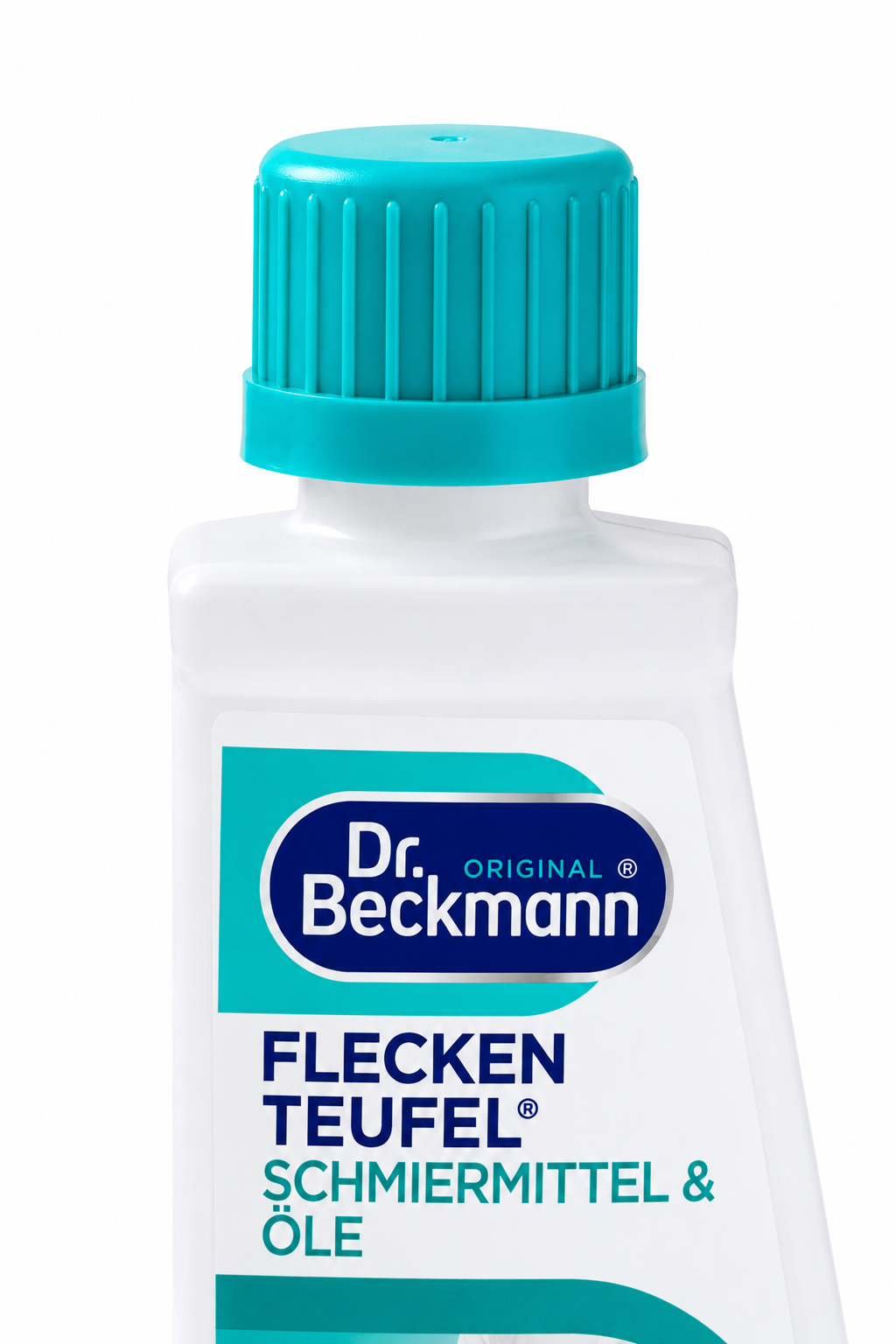Detailfoto van de turquoise schroefdop en het originele etiket van Dr. Beckmann Vlekken Duivel