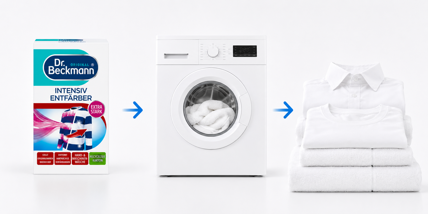 Dr. Beckmann Intensieve Ontkleuring 3-in-1 200g eenvoudig gebruiken in 3 stappen van product tot schoon wit textiel
