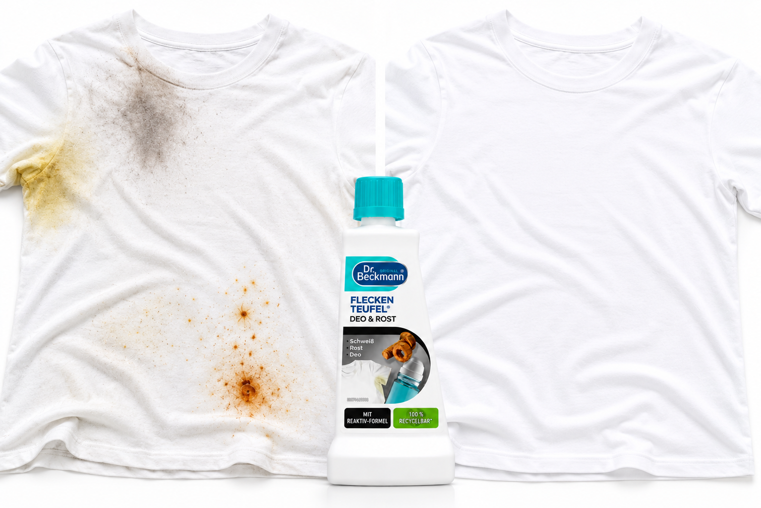 Extreme test van hardnekkige deodorant-, zweet- en roestvlekken verwijderen uit wit textiel