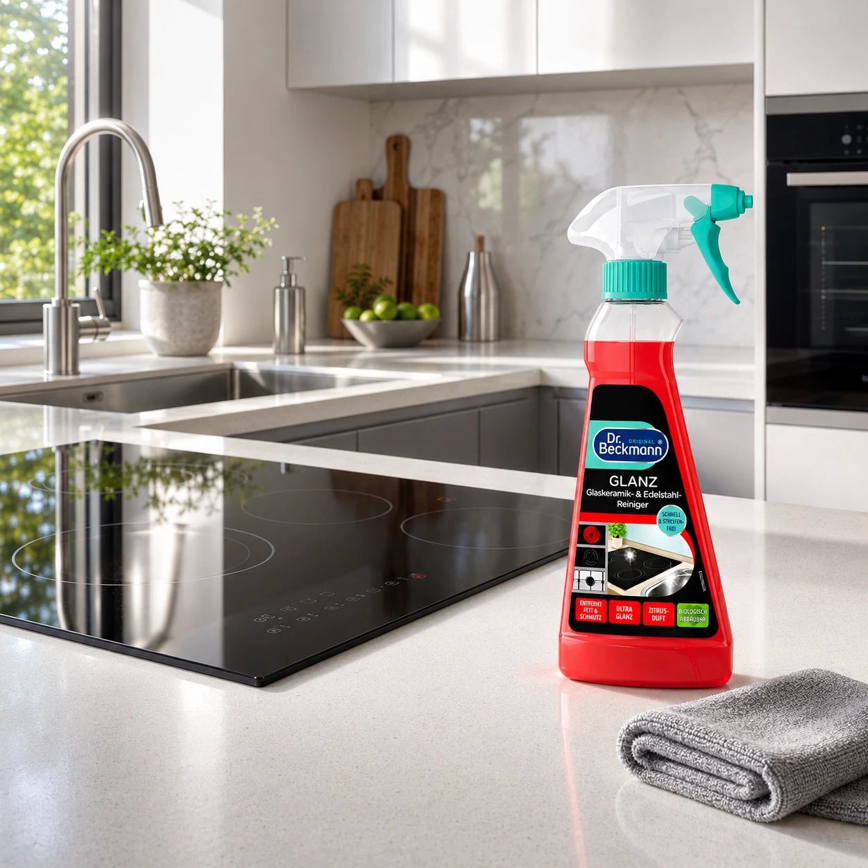 Dr. Beckmann Glaskeramiek & RVS Reiniger 250 ml in moderne keuken naast inductiekookplaat