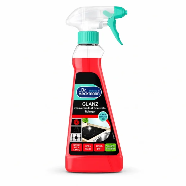 Dr. Beckmann Glaskeramiek & RVS Reiniger 250 ml sprayflacon op witte achtergrond