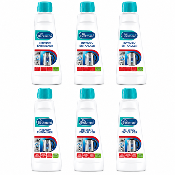 Dr. Beckmann Intensieve Ontkalker 250ml voordeelverpakking met 6 flessen voor het verwijderen van kalkaanslag in huishoudelijke apparaten.