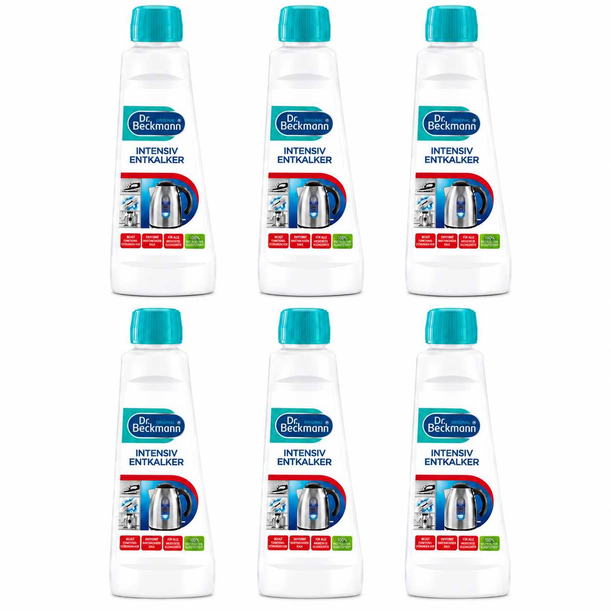 Dr. Beckmann Intensieve Ontkalker 250ml voordeelverpakking met 6 flessen voor het verwijderen van kalkaanslag in huishoudelijke apparaten.