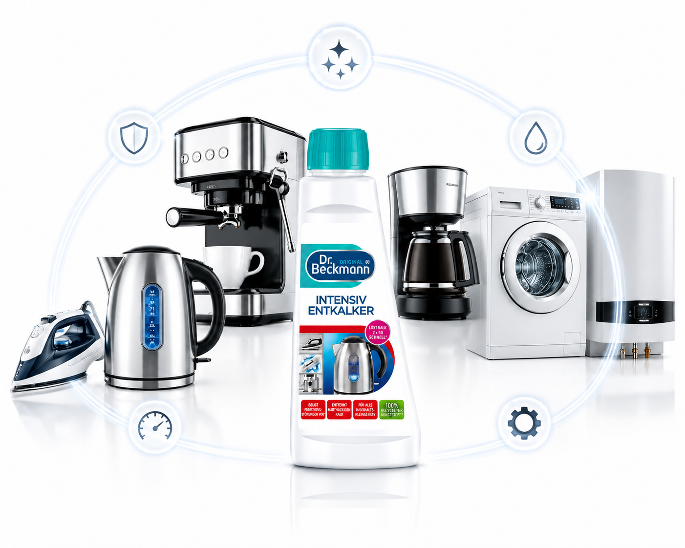 Dr. Beckmann Intensieve Ontkalker voor regelmatig onderhoud van waterkokers, koffiemachines, wasmachines en andere huishoudelijke apparaten.
