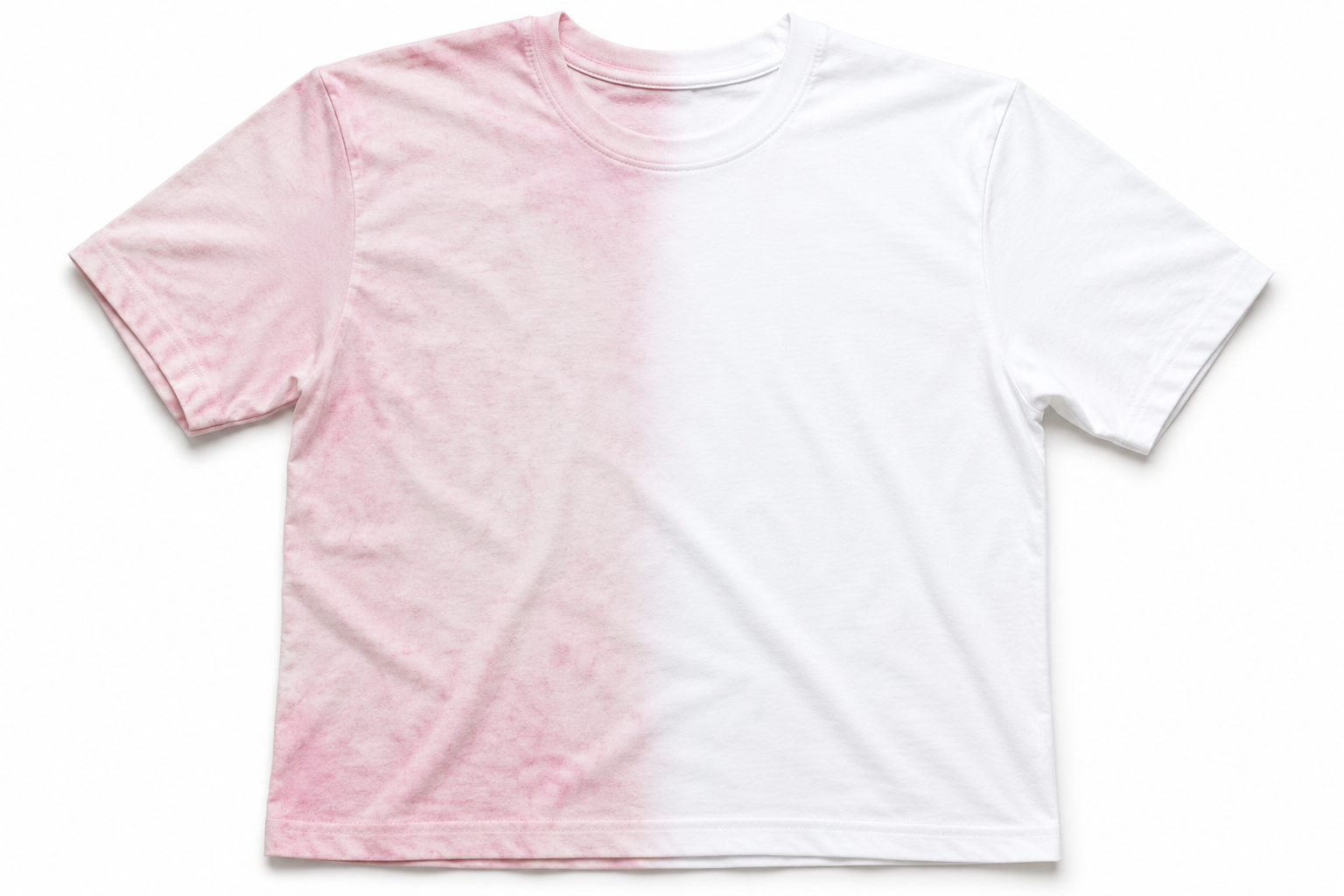 Voor en na resultaat met Dr. Beckmann Intensieve Ontkleuring 3-in-1 200g op roze verkleurd wit T-shirt
