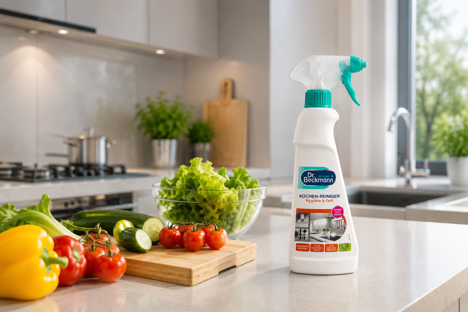 Dr. Beckmann keukenreiniger naast verse ingrediënten in een schone en hygiënische keuken