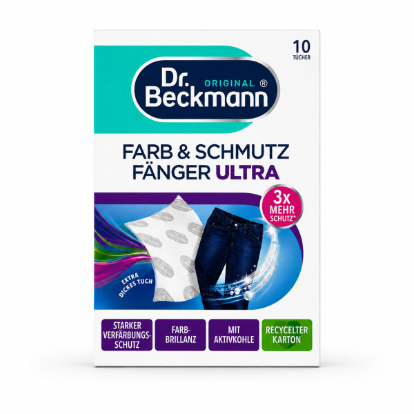 Dr. Beckmann Kleur- en Vuilvanger Ultra 10 Doekjes verpakking op witte achtergrond