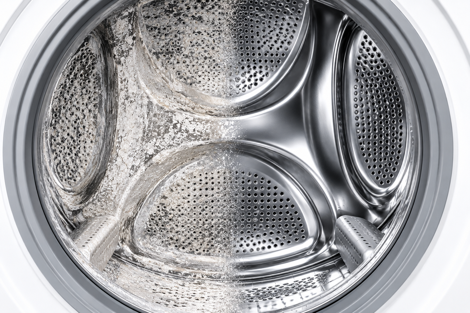 Voor en na resultaat van kalkaanslag verwijderen uit een wasmachine trommel