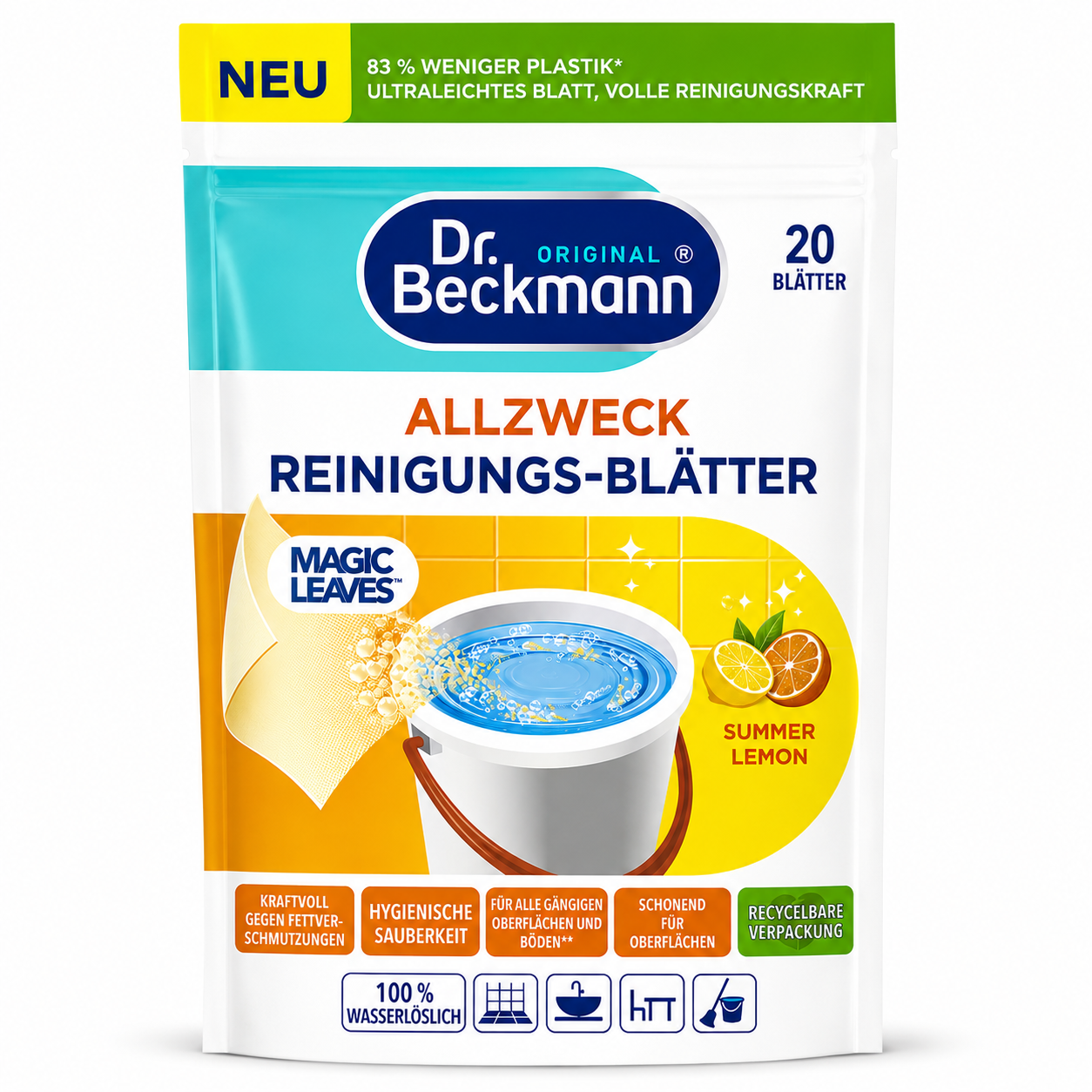 Dr. Beckmann Magic Leaves Schoonmaakvellen – 20 wateroplosbare allesreiniger vellen met Summer Lemon geur