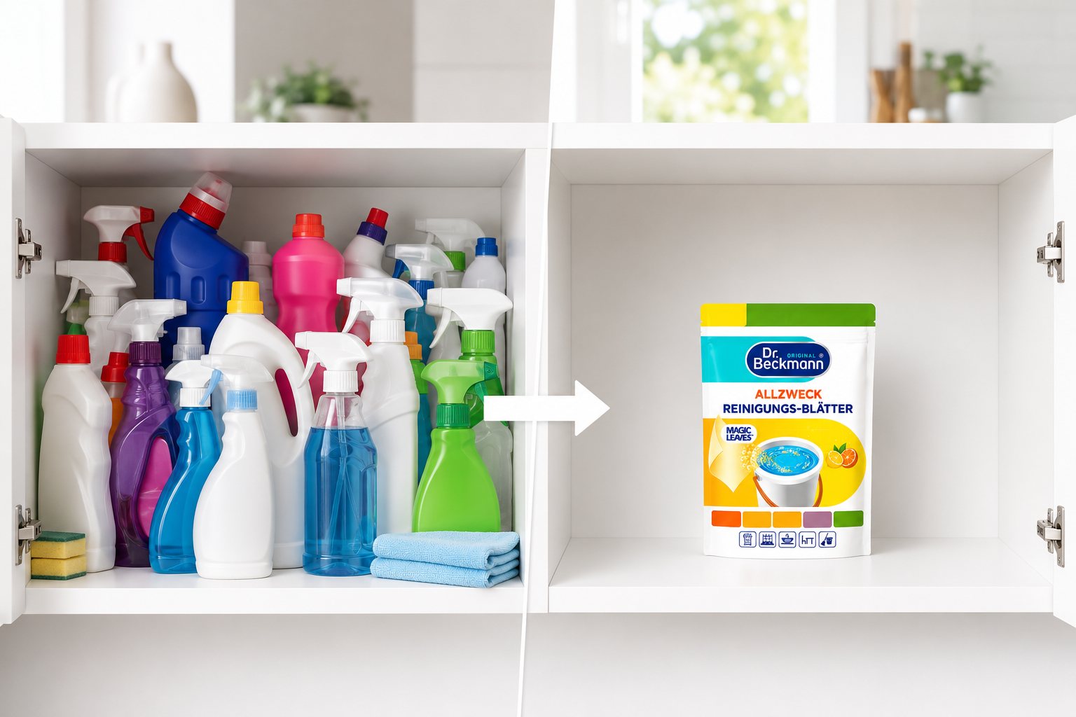 Compacte verpakking van Dr. Beckmann Magic Leaves bespaart ruimte in de schoonmaakkast