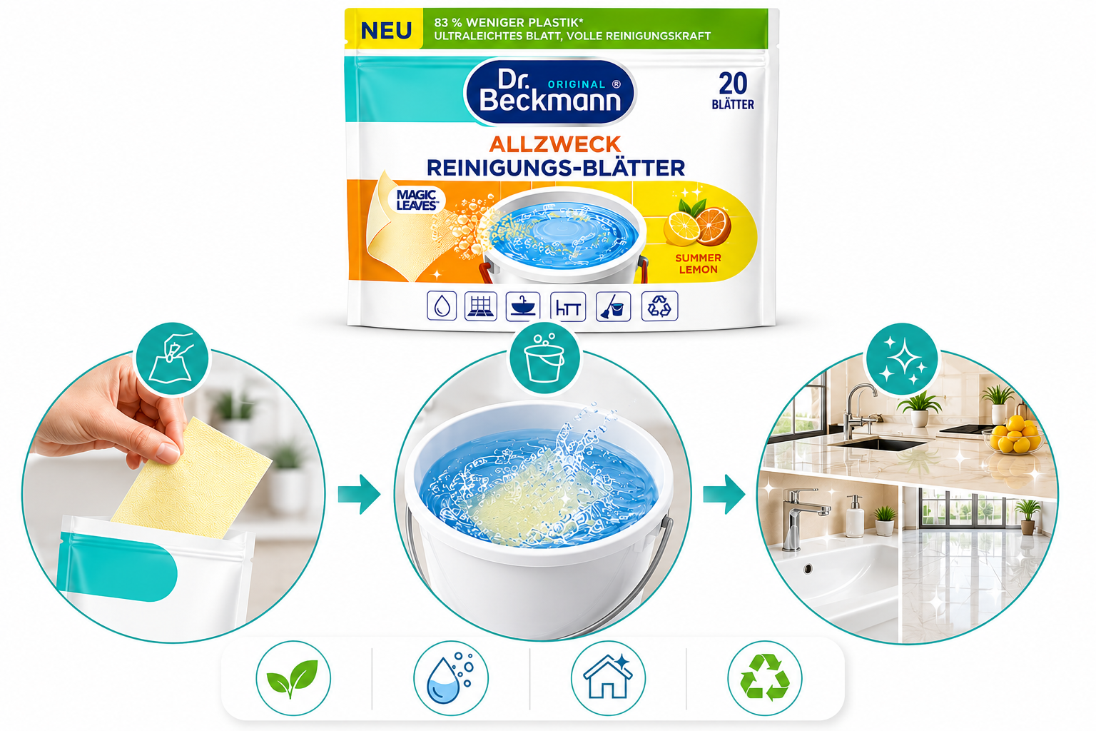 Dr. Beckmann Magic Leaves schoonmaakvellen oplossen in water voor krachtige allesreiniger