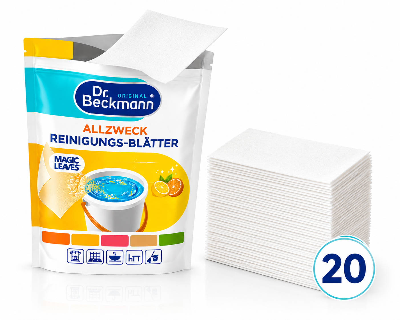 Dr. Beckmann Magic Leaves verpakking met 20 wateroplosbare schoonmaakvellen
