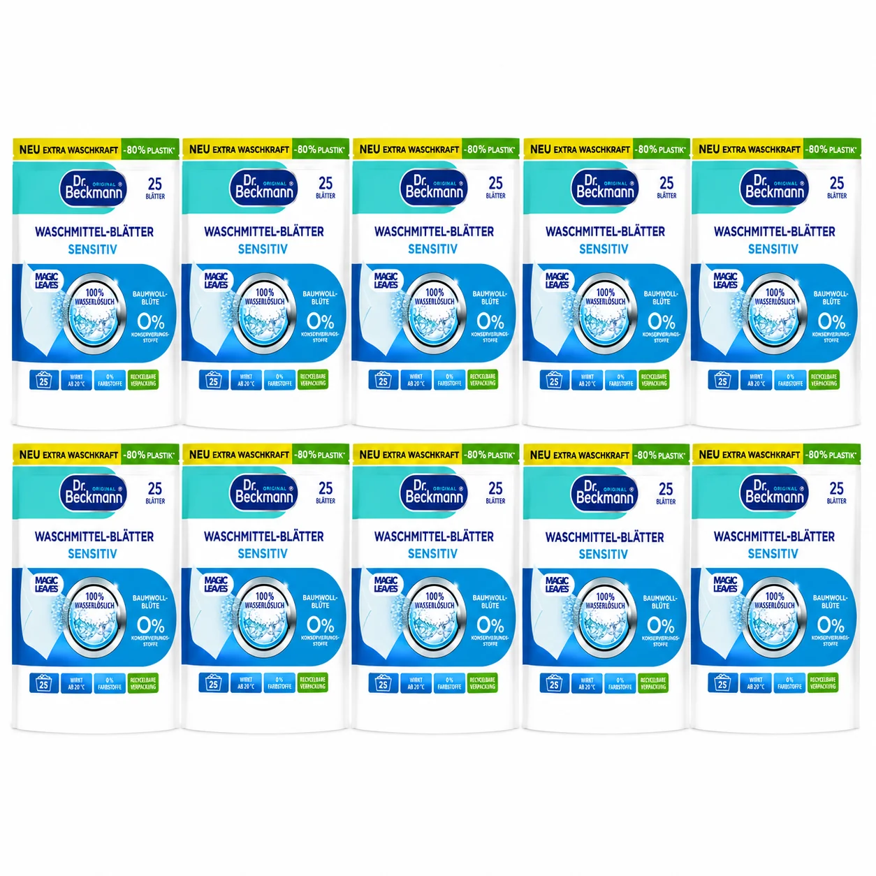 Dr. Beckmann Magic Leaves Sensitive 10 stuks voordeelverpakking met 25 wasbeurten per verpakking