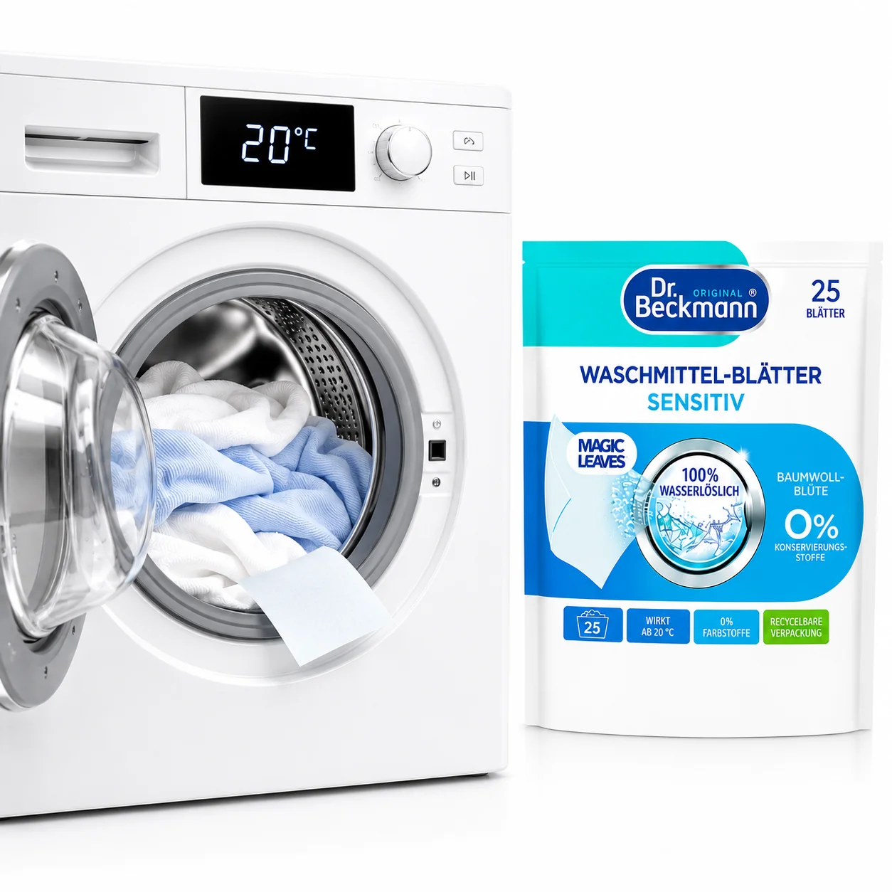 Dr. Beckmann Magic Leaves Sensitive wasmiddelbladen effectief wassen op 20 graden met schone was in de wasmachine