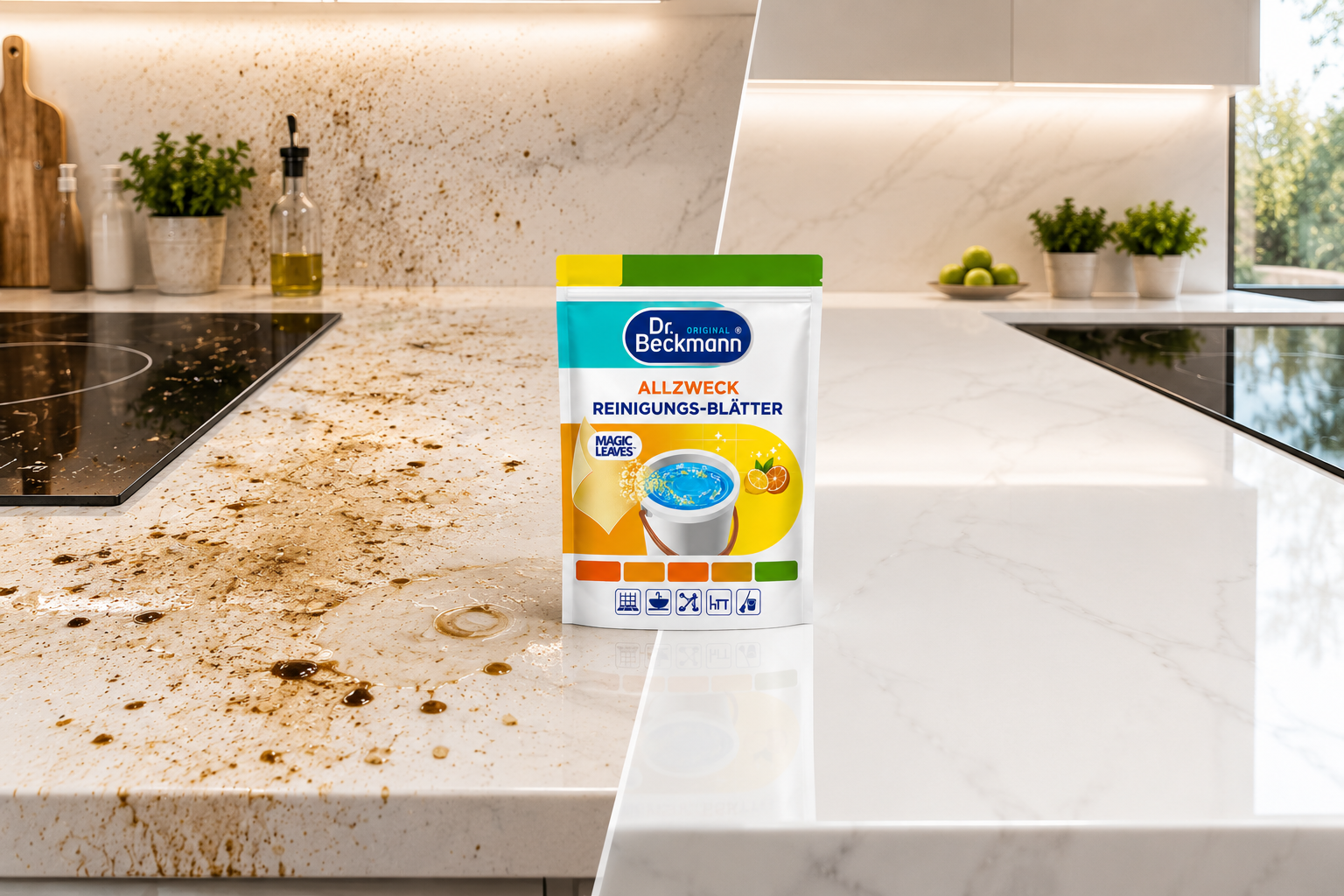 Voor en na schoonmaakresultaat met Dr. Beckmann Magic Leaves schoonmaakvellen