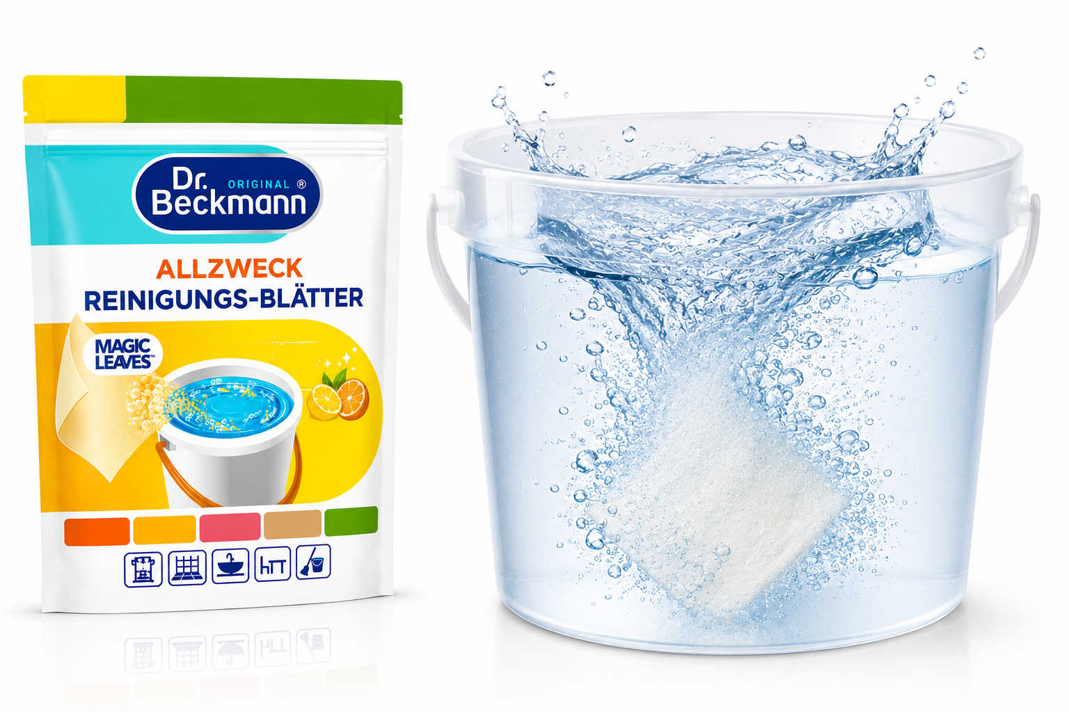Wateroplosbaar schoonmaakvel van Dr. Beckmann Magic Leaves in emmer met water