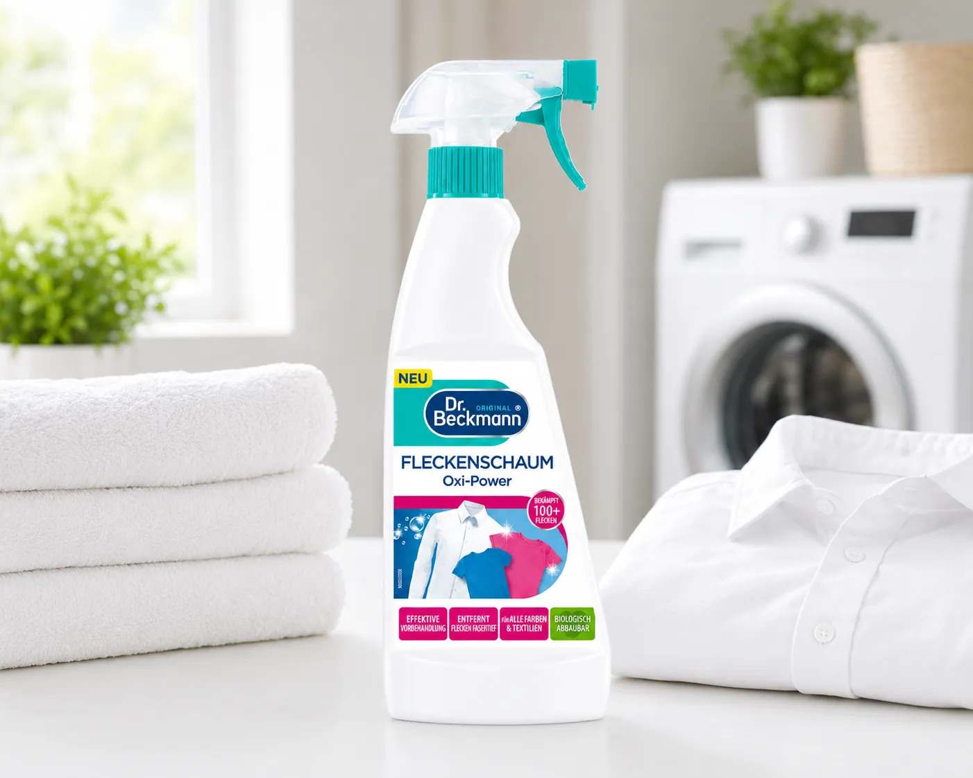 Dr. Beckmann Oxi-Power Vlekkenverwijderaar Schuim 500 ml in moderne wasruimte naast schone handdoeken en wit overhemd