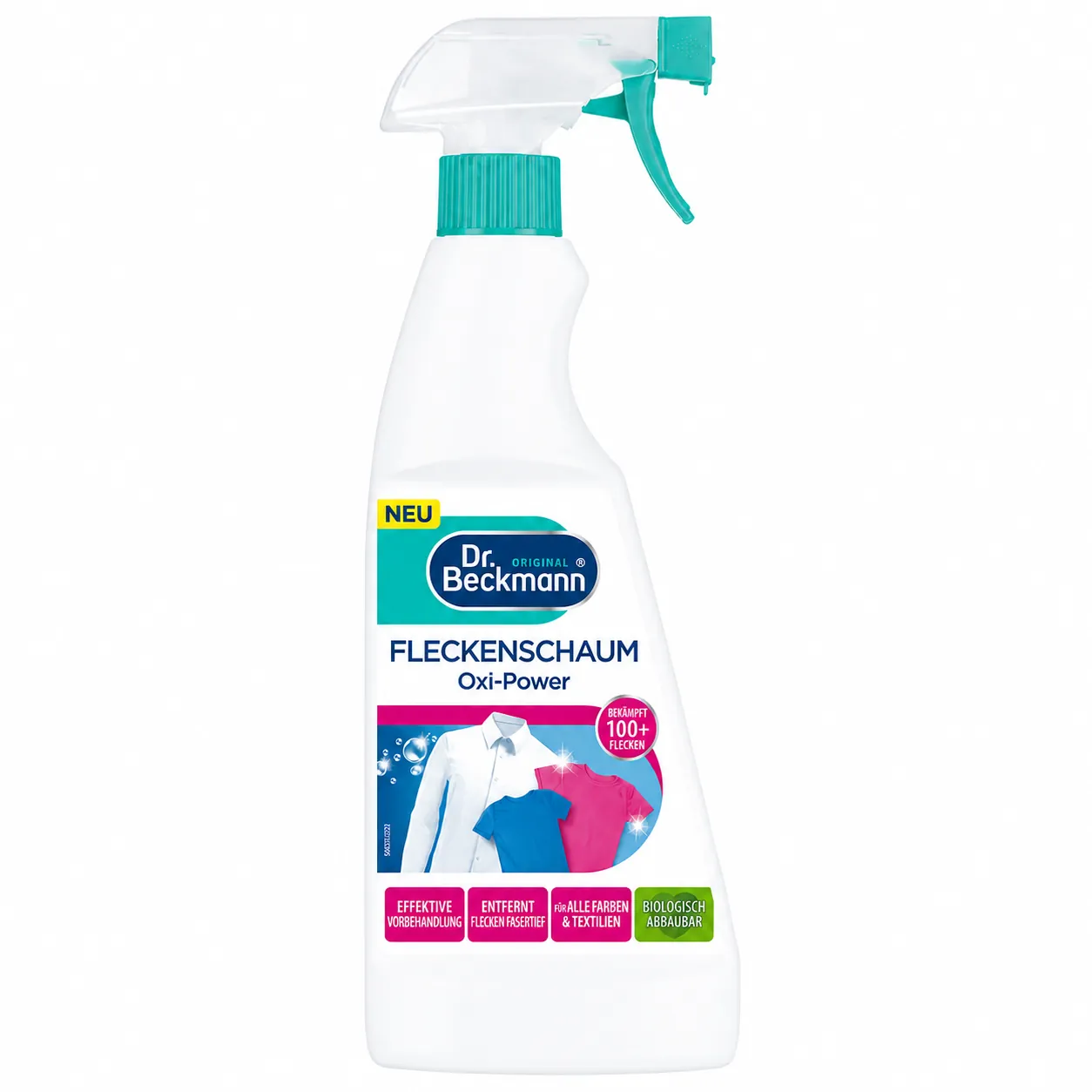 Dr. Beckmann Oxi-Power Vlekkenverwijderaar Schuim 500 ml op witte achtergrond – krachtige vlekkenverwijderaar voor kleding en textiel