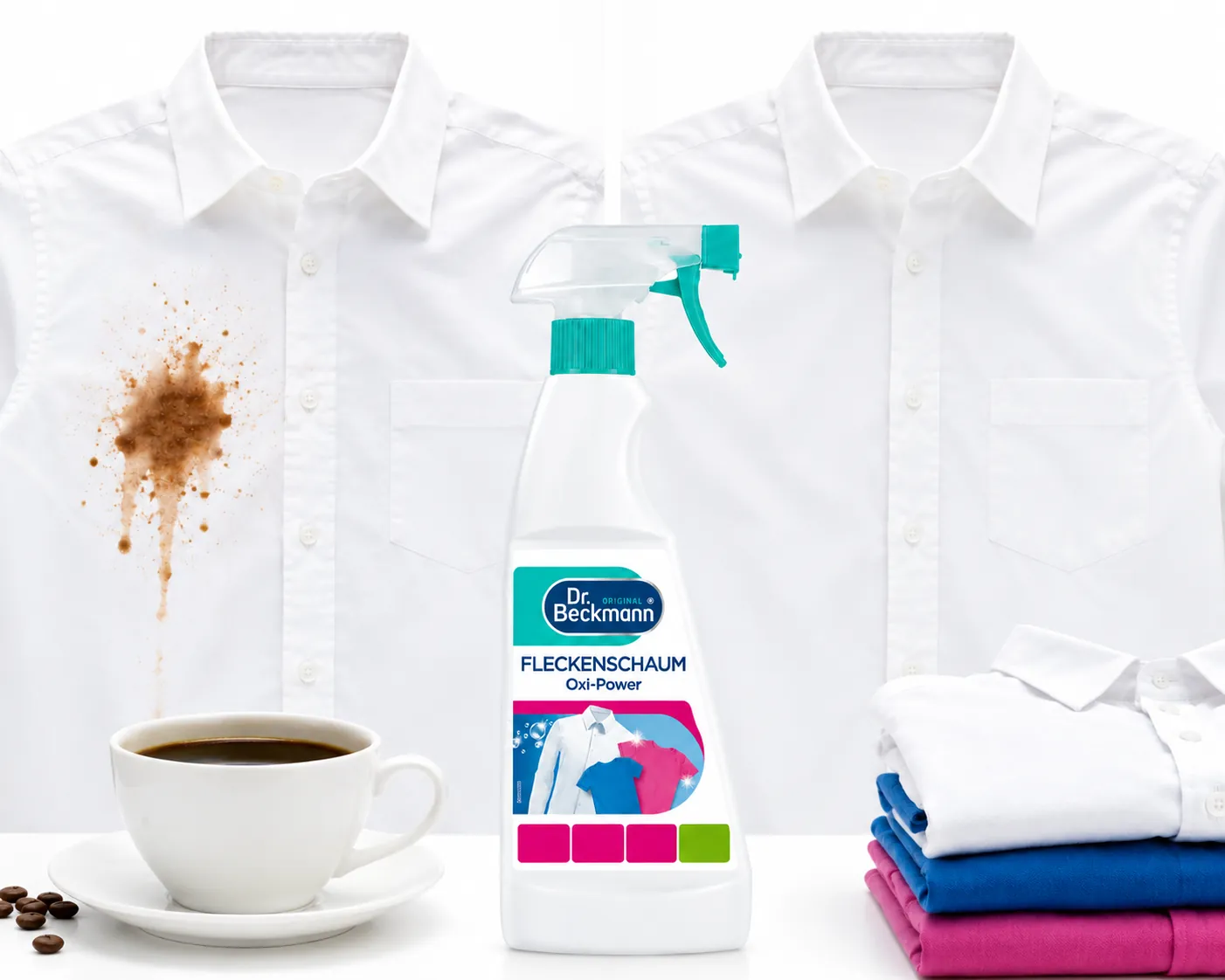 Dr. Beckmann Oxi-Power Vlekkenverwijderaar verwijdert koffievlekken uit witte overhemden en gekleurde kleding