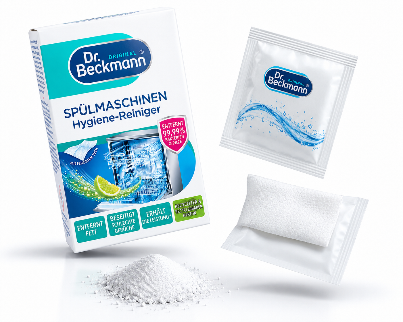 Inhoud van Dr. Beckmann Vaatwasmachine Reiniger met reinigingspoeder en vochtig reinigingsdoekje