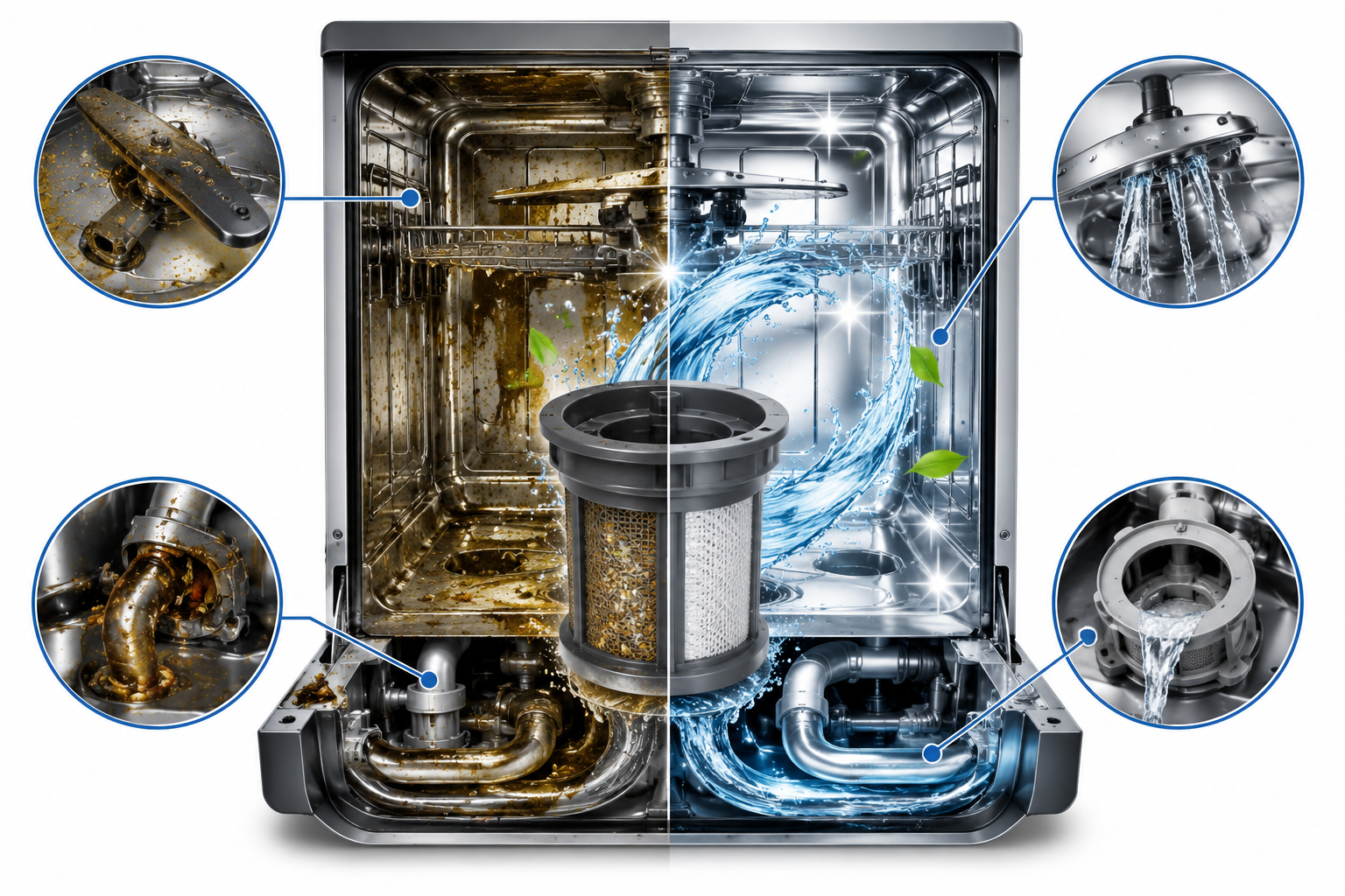 Dieptereiniging van verborgen onderdelen in de vaatwasser voor optimale prestaties
