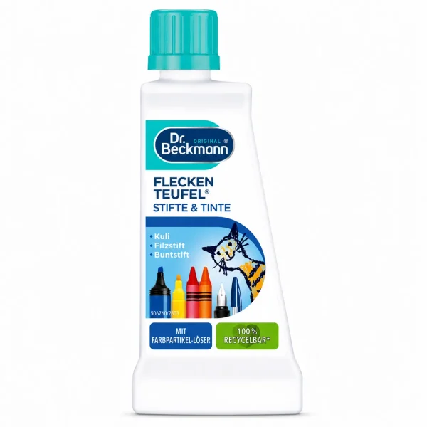Dr. Beckmann Pen en Inkt Vlekverwijderaar 50 ml fles voor balpen-, stift- en inktvlekken op witte achtergrond
