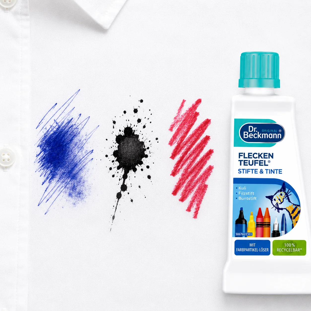 Dr. Beckmann Pen en Inkt Vlekverwijderaar verwijdert balpen-, stift-, marker- en kleurpotloodvlekken uit textiel