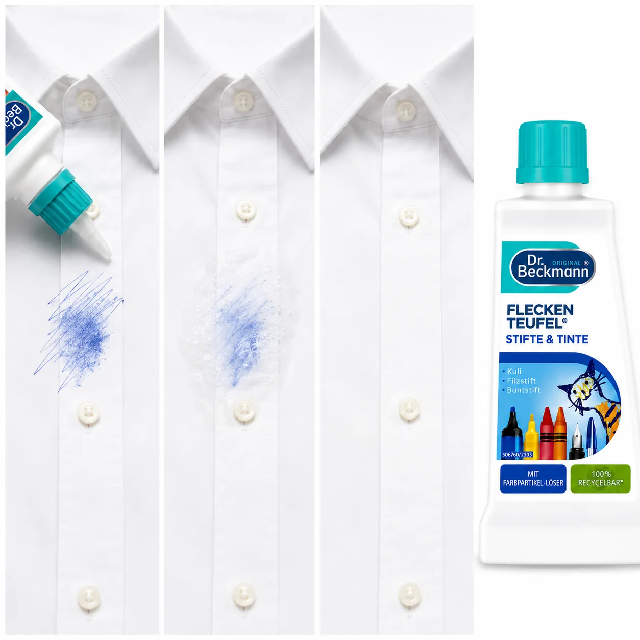 Dr. Beckmann Pen en Inkt Vlekverwijderaar stappenplan voor het verwijderen van pen- en inktvlekken uit kleding