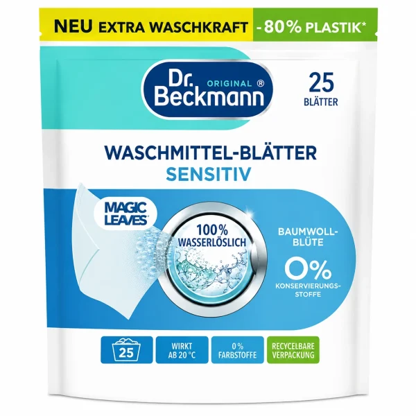 Dr. Beckmann Magic Leaves Sensitive 25 wasbeurten parfumvrije wasmiddelbladen hoofdafbeelding
