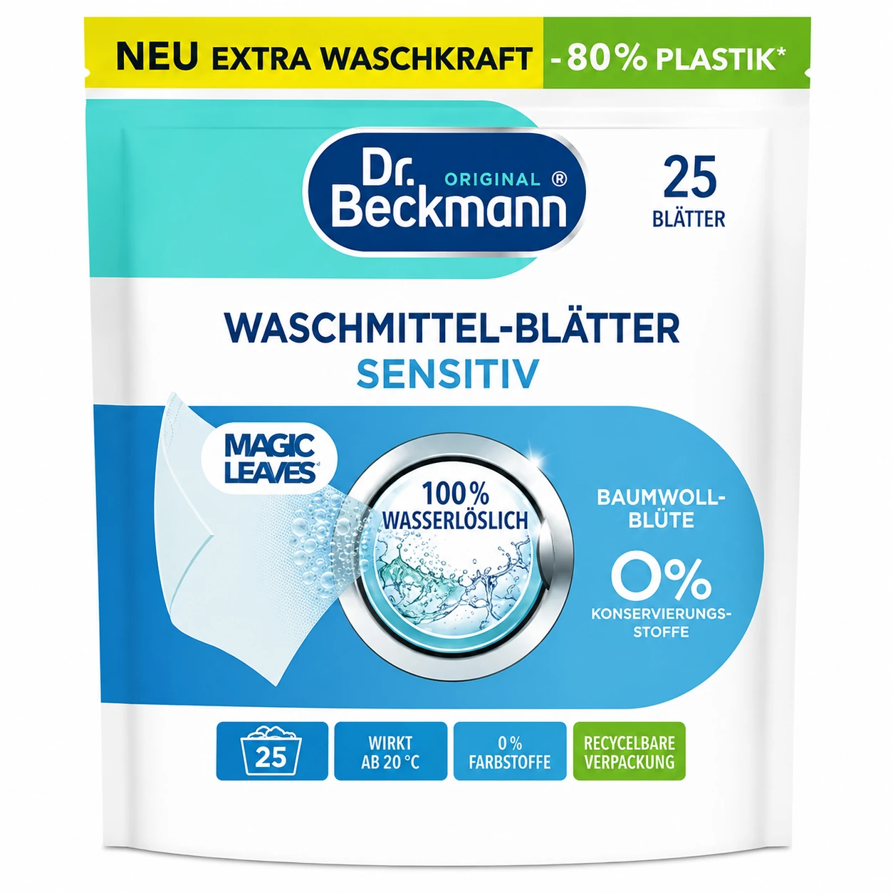 Dr. Beckmann Magic Leaves Sensitive 25 wasbeurten parfumvrije wasmiddelbladen hoofdafbeelding