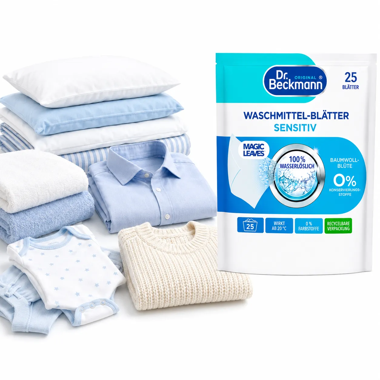 Dr. Beckmann Magic Leaves Sensitive geschikt voor kleding, handdoeken, beddengoed, babykleding en fijne was